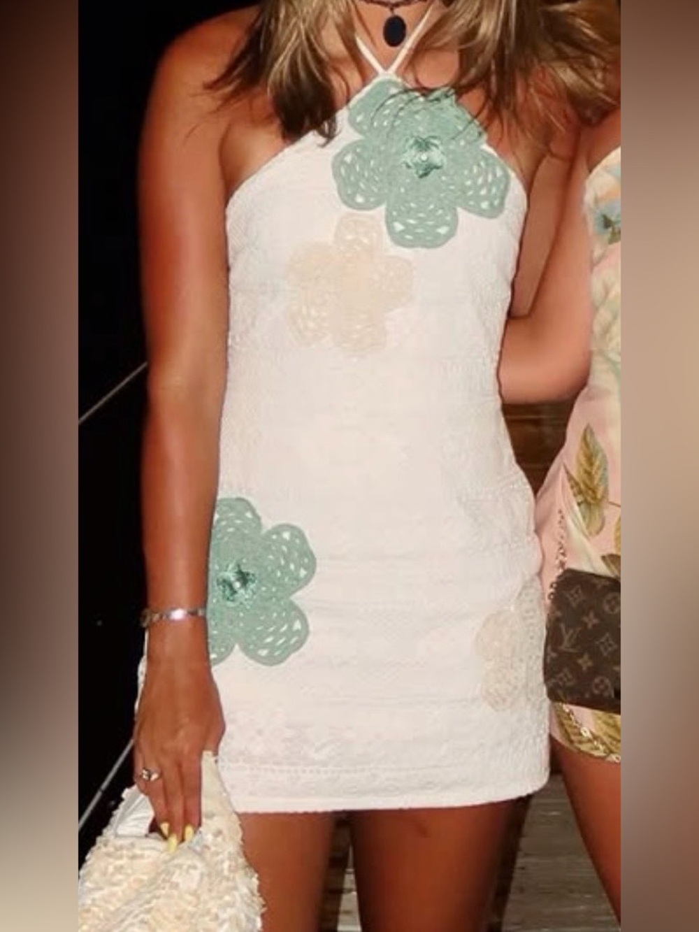 White Mini Dress with Mint Floral Appliqués